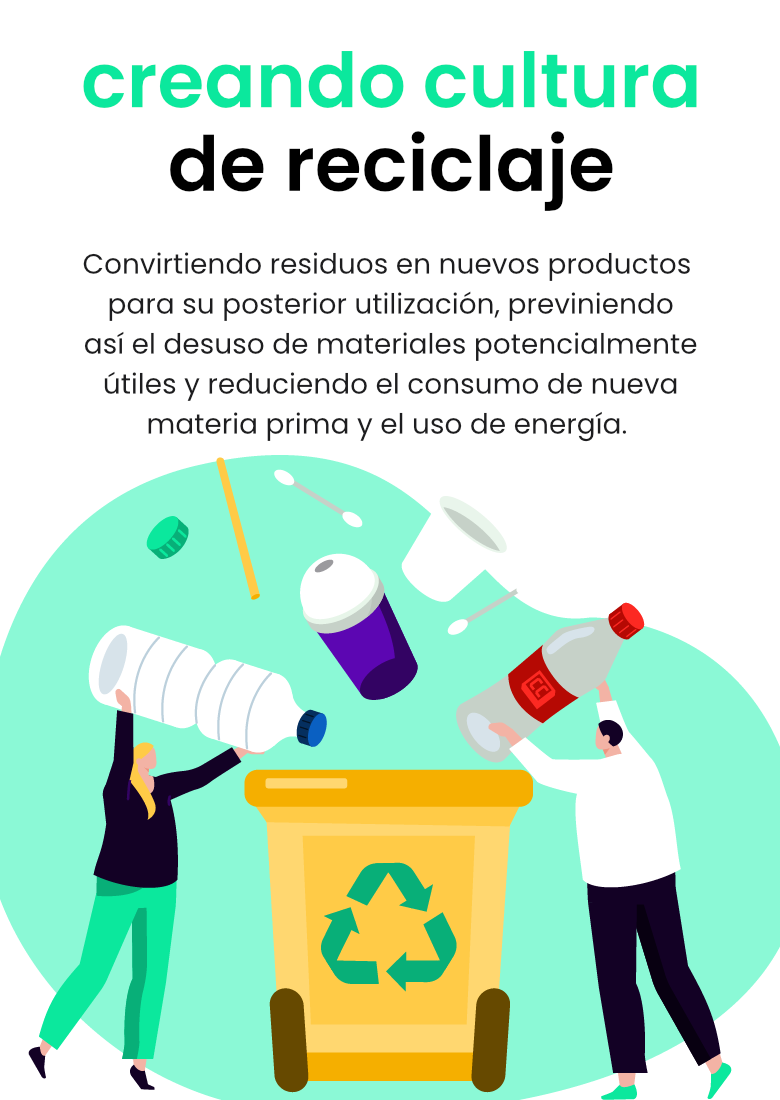 Convirtiendo residuos en nuevos productos para su posterior utilización, previniendo así el desuso de materiales potencialmente útiles y reduciendo el consumo de nueva materia prima y el uso de energía.